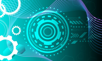 green turquoise with circles circuit cyberspace and cog gear engine with smooth lines wave curves high technology background