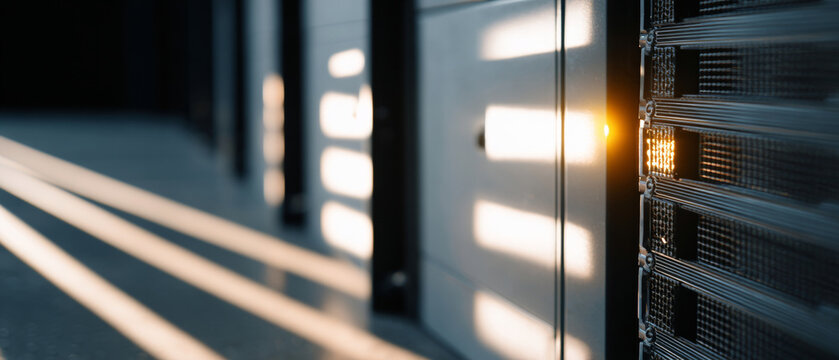 Abstract close-up of sunlight casting geometric shadows through a window onto a modern interior wall and floor with metal grid structure