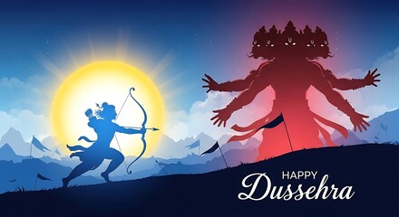 Dynamic Silhouette Illustration of Lord Rama Aiming His Bow and Arrow Towards the Ten Headed Demon Ravana During the Auspicious Celebration of Happy Dussehra Vijayadashami Commemorating the
