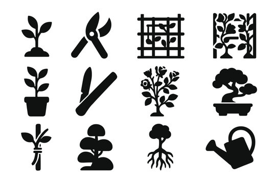 Plant Care Icons. Solid style icons of plant selection and training: nursery sapling, pruning shears, espalier frame, trellis vine