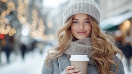 Winter portrait of a young woman holding a takeaway coffee on a snowy festive street, creating a warm holiday atmosphere ideal for Christmas advertising and lifestyle campaigns