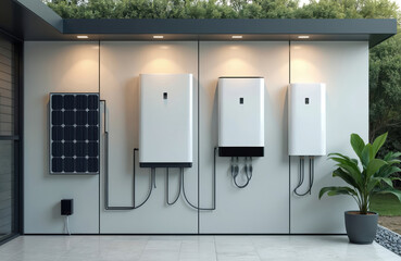 Naklejka premium Modern home features wall mounted solar energy storage battery system with connected inverter and charging station for electric vehicles. Sustainable power solution for residential house.