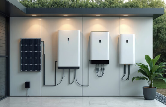 Modern home features wall mounted solar energy storage battery system with connected inverter and charging station for electric vehicles. Sustainable power solution for residential house.