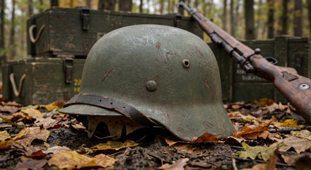 Obraz premium German helmet from the Second World War, lying on the ground