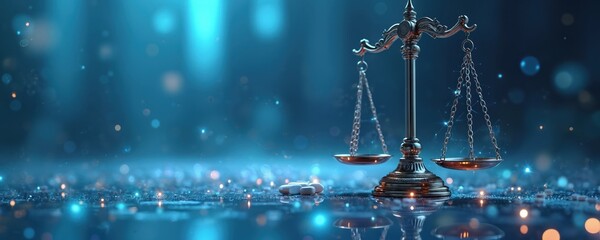 Obraz na płótnie Canvas Symbolic image shows justice scales and pills against a digital blue background. Represents legal matters in healthcare and pharma industry.