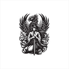 Warrior Woman with Phoenix Epic Vector Logo Illustration