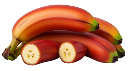 Pile of red dacca bananas and slices isolated on transparent background