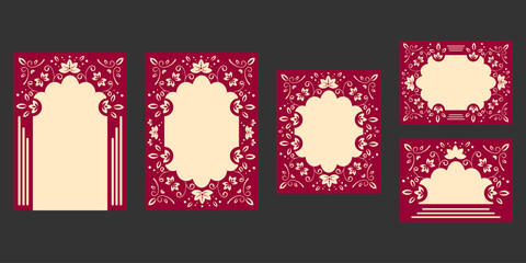 Set of elegant Indian wedding invitation frames with maroon floral ornaments, lotus motifs and pastel centers. Traditional ethnic decorative vector templates for cards and ceremonies.