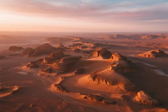 Aerial view of desert landscape at sunset with sand dunes and rock formations