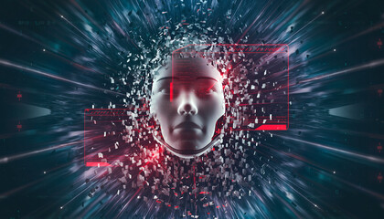AI Transformation: An enigmatic AI face emerges amidst a network of digital data streams, symbolizing the rapid evolution of artificial intelligence.