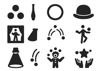 Circus Juggling Icons. Solid style icons of Juggling: three juggling balls, juggling pin, circus tent, stage performance, juggling