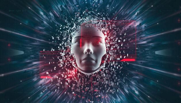 AI Transformation: An enigmatic AI face emerges amidst a network of digital data streams, symbolizing the rapid evolution of artificial intelligence. - Powered by Adobe