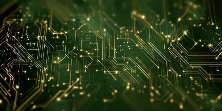 Illuminated golden circuitry flows across a dark green digital background with a shallow depth of field