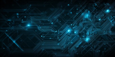 Futuristic digital circuit board background with glowing blue light pathways