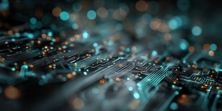 Illuminated electronic pathways glow with vibrant digital energy on a dark background