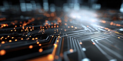 Abstract digital circuitry glows with intense orange light in a dark futuristic environment