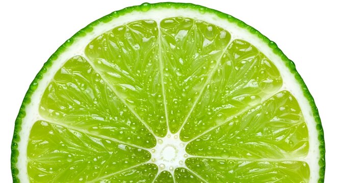 A close up view of a vibrant green lime slice showcasing its juicy texture and segmented interior
