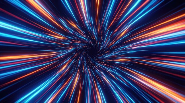 Abstract tunnel with glowing lines converging into a central point of dark vortex space