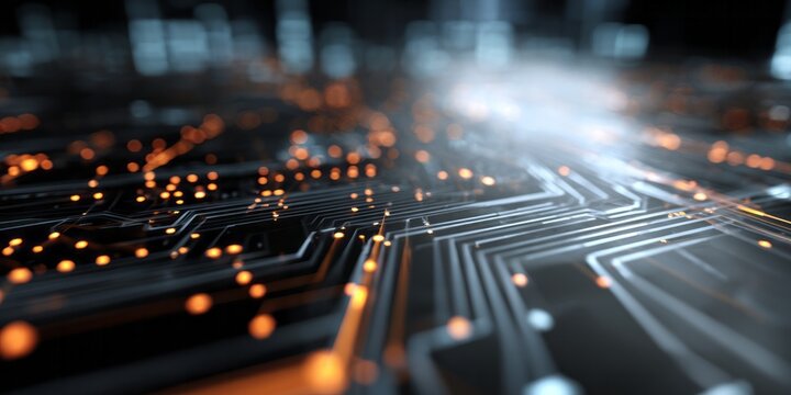 Abstract digital circuitry glows with intense orange light in a dark futuristic environment