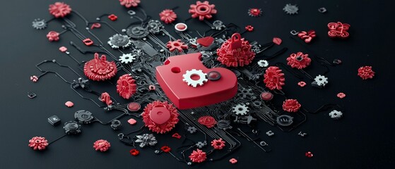 A red heart shape is surrounded by various mechanical gears and intricate circuitry elements, all set against a dark, moody background. The composition suggests