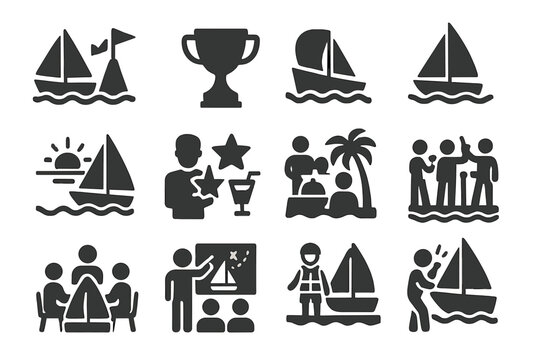 Yacht Club Icons. Solid style icons of Yacht club activities and events: regatta start, race marker, trophy cup, sailing lesson,