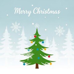 Fototapeta premium Merry Christmas greeting card – decorated Christmas tree with colorful ornaments and white beads on snowy landscape. Stylized pine trees and snowflakes on blue background.