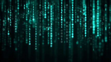 Glowing binary code streams cascade vertically through a dark digital background