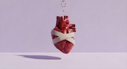 A red heart wrapped in white bandages with blood dripping against a light purple background scene setup