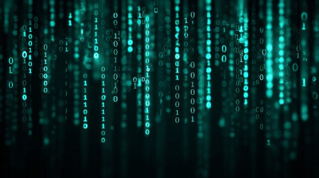 Glowing binary code streams cascade vertically through a dark digital background