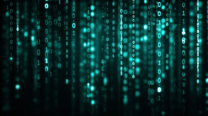 Cascading streams of digital binary code illuminate a dark background with teal light