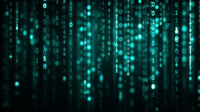 Cascading streams of digital binary code illuminate a dark background with teal light - Powered by Adobe