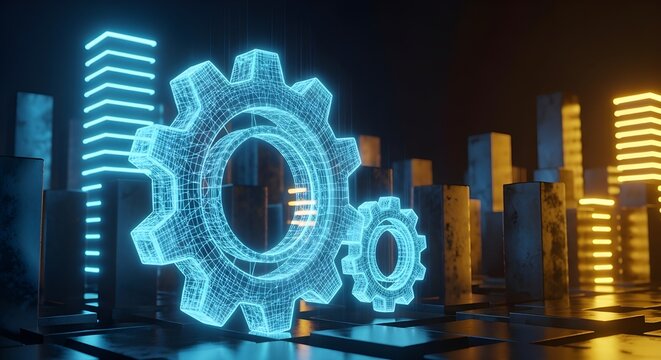 Futuristic glowing digital gears mesh together against a vibrant neon city skyline at night - Powered by Adobe