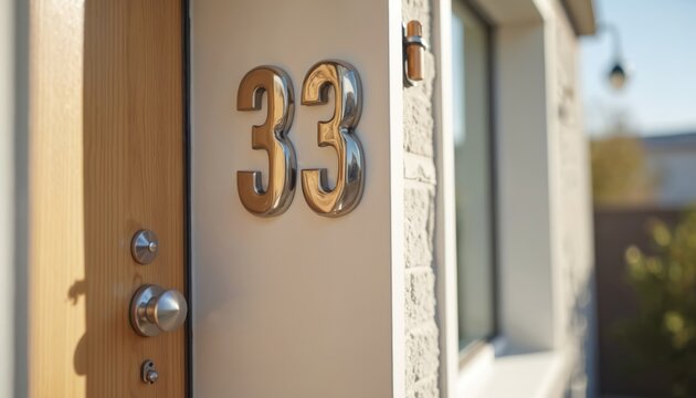 Close up photo shows shiny metal number thirty three attached to white house exterior. Wooden door has silver handle and lock details. Modern home design.