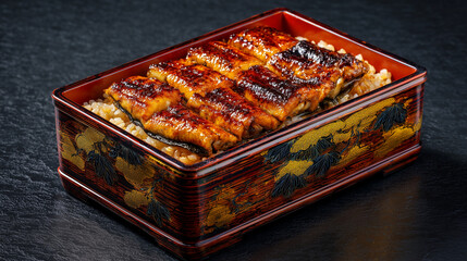 豪華な漆塗りの重箱に盛られた照り輝く蒲焼うなぎとご飯のクローズアップ