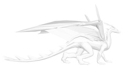 White origami dragon with a long tail and intricate polygonal details. Its wings are spread wide, and its head is held high with piercing yellow eyes. The pristine white scales create a majestic.