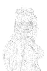 A low poly anime girl with long hair wears a hat and swimsuit in this intricate black and white drawing.