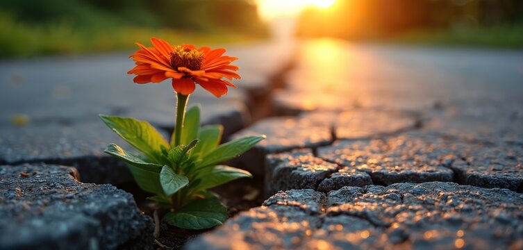 Vibrant orange flower blossoms from crack in dark asphalt road. Golden sunset light bathes resilient plant pushing through tough pavement. Shows life enduring power, nature strength, hope despite