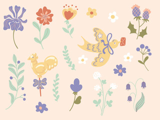 A set of 19 vector elements of flowers, birds, plants. Mint green, yellow, purple folk floral illustrations. A charming whimsical spring set for Easter card design in a cute, naive, retro style