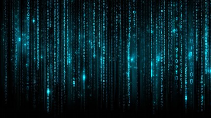 Digital information streams cascade downward in bright cyan color against a dark background