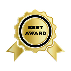 A golden best award rosette with ribbons isolated on black background