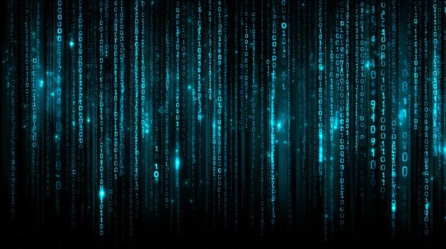 Digital information streams cascade downward in bright cyan color against a dark background - Powered by Adobe