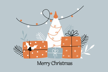 Vector illustration in doodle style of a Christmas tree with gifts