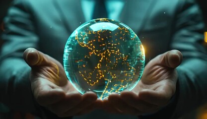 Businessman holds a futuristic glowing sphere representing global data network AI and digital connectivity symbolizing control and foresight in technology - Powered by Adobe