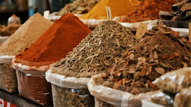 Colorful piles of dried spices and herbs displayed in containers at a market stall