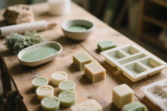 Handmade soap bars and molds arranged on a wooden table with natural ingredients and tools