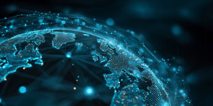 Illuminated digital representation of the planet earth shows global connectivity and data flow