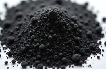 Fine black powder pile with many small spheres. Activated carbon material texture and pattern close up. Dark granular substance background. Powdered coal dust detail.