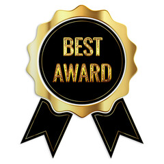 A golden best award badge with black ribbons on a black background