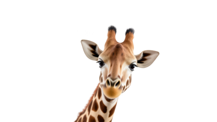 Close up of giraffe with large expressive eyes and distinctive spots, showcasing its unique features and playful demeanor