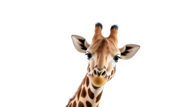 Close up of giraffe with large expressive eyes and distinctive spots, showcasing its unique features and playful demeanor